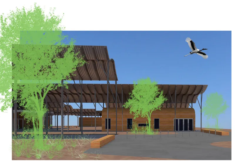 Rendering of the timber-clad volumes beneath a layered canopy roof with a bird in flight