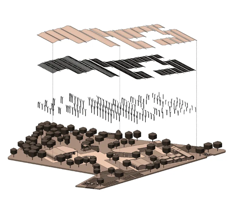 Exploded axonometric drawing showing roof layers, structural columns, and site plan with scattered volumes