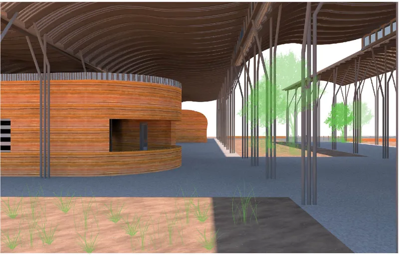 Interior rendering of the covered walkway with curved timber walls and branching steel columns