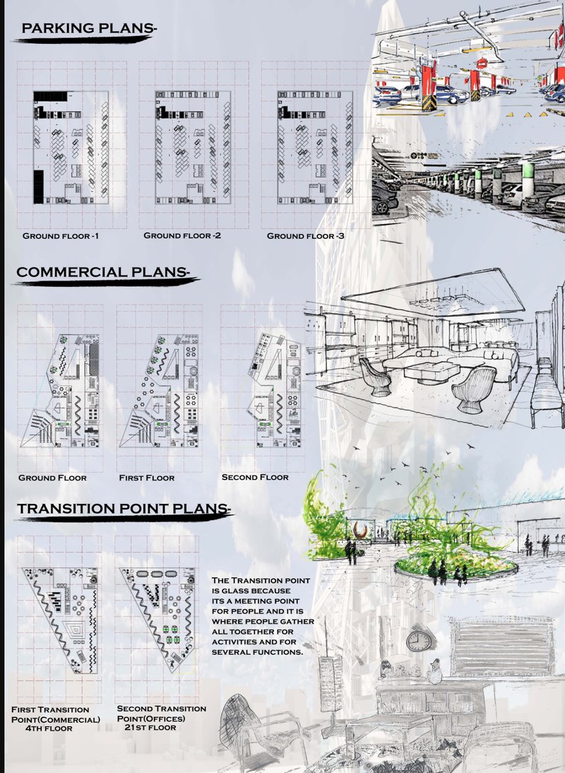 Presentation board showing parking plans, commercial floor plans, transition point plans, and perspective sketches with landscaping