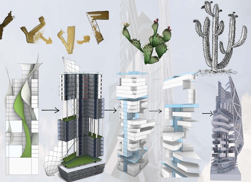 Diagram showing massing evolution sequence with cactus illustrations and arrows indicating tower transformation stages