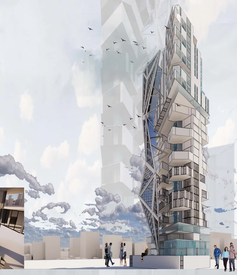 Rendering of a residential tower with staggered balconies and triangular facade elements with pedestrians below