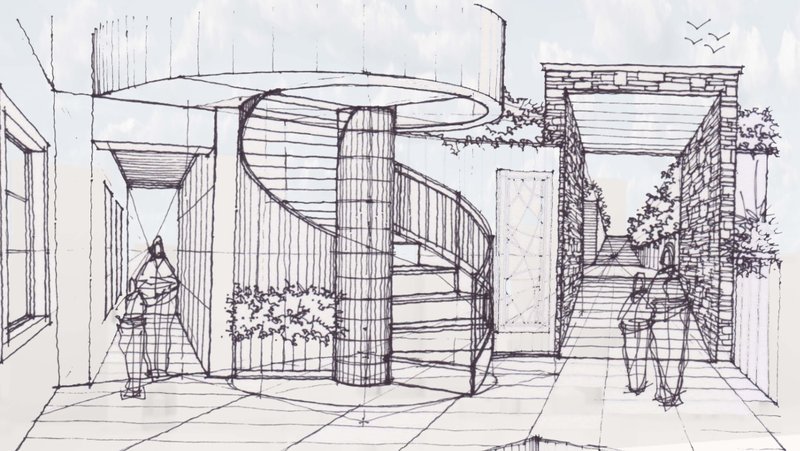Perspective sketch of a curved spiral staircase with planted areas and figures in an interior space