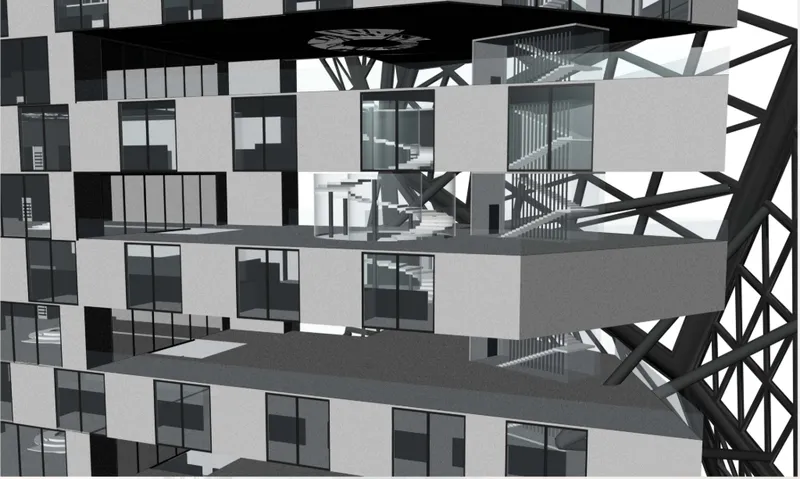 Digital model showing residential floors with a diagonal structural exoskeleton wrapping the facade