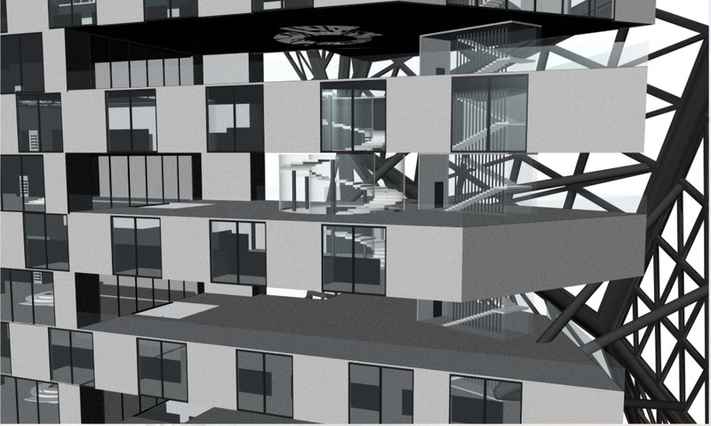 Digital model showing residential floors with a diagonal structural exoskeleton wrapping the facade