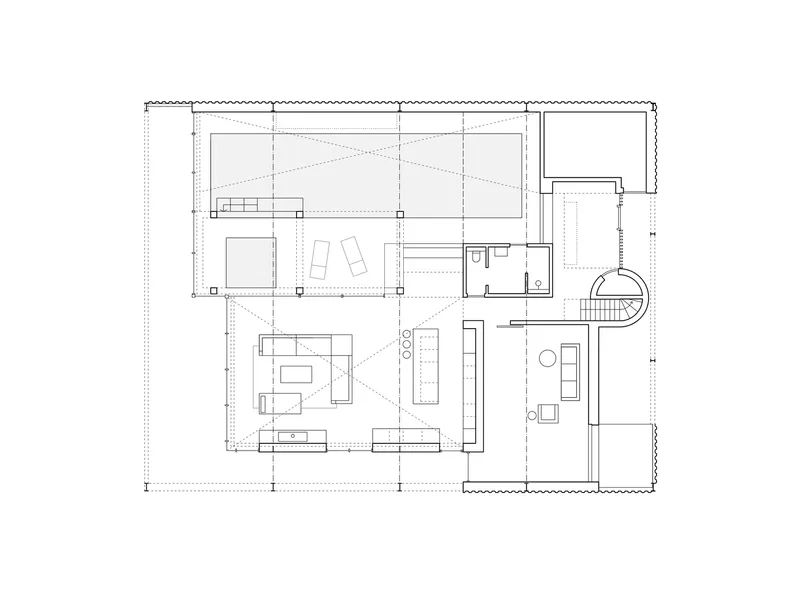 Floor plan drawing showing living areas around a central double-height void