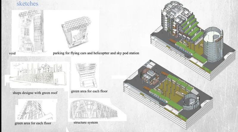 Diagram sheet showing concept sketches and axonometric views of a mixed-use tower with planted terraces and cylindrical element