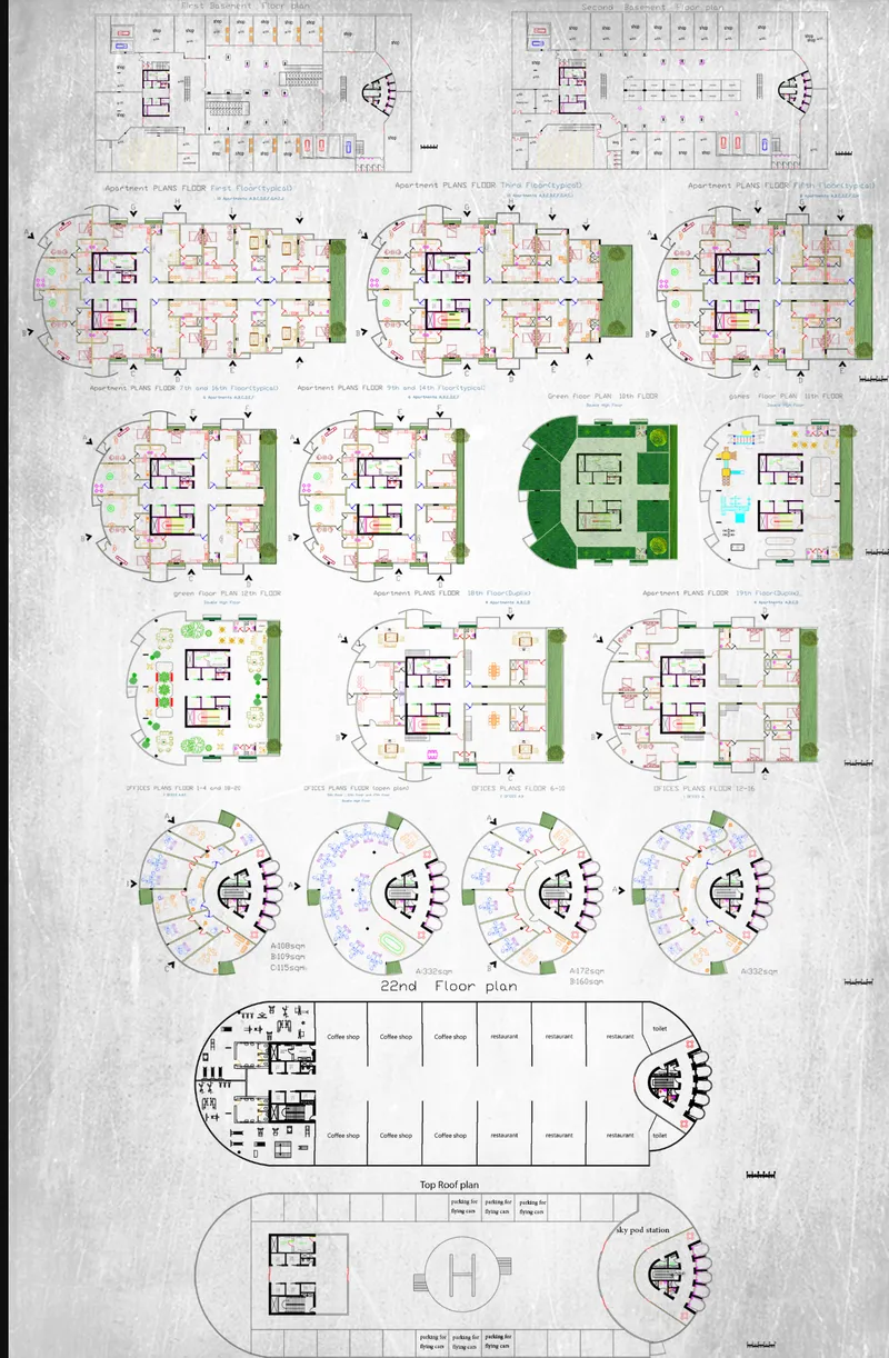 Floor plan compilation showing typical residential levels with curved ends and central circulation cores throughout the tower