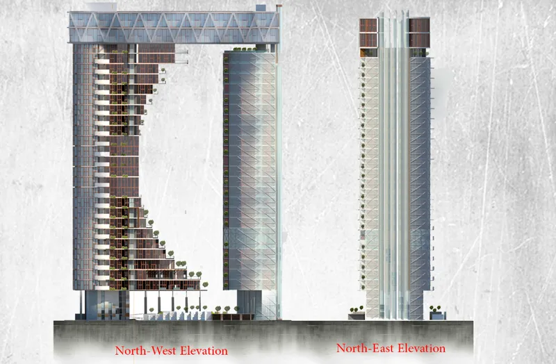 Elevation drawings of three high-rise towers showing diagonal facade patterns and planted balconies at ground level