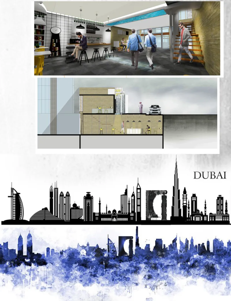 Rendering of a ground-floor cafe with exposed ceiling ducts, bar seating, and people walking through the space