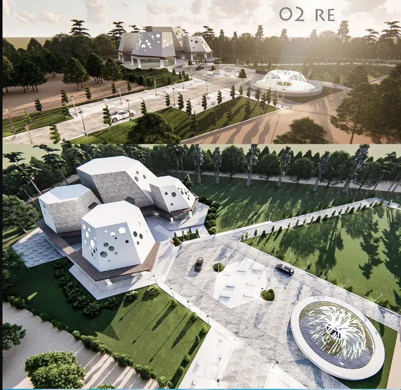 Aerial view of clustered hexagonal volumes with punched windows set among landscaped terraces and parking areas