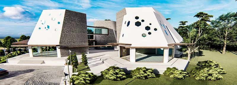Eye-level view of interlocking angular volumes with circular perforations under a blue sky with scattered clouds