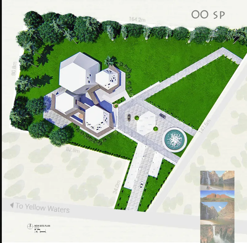 Site plan drawing showing hexagonal building cluster adjacent to circular water feature and paved plaza with surrounding greenspace