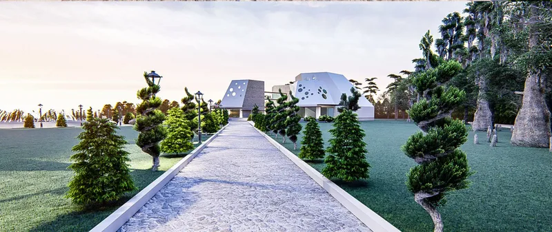 Long pathway framed by topiary trees extending toward the clustered white pavilions in soft early morning light