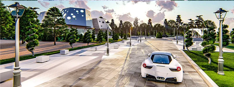 Wide plaza with unit pavers and bollards looking toward the complex as a white sports car passes