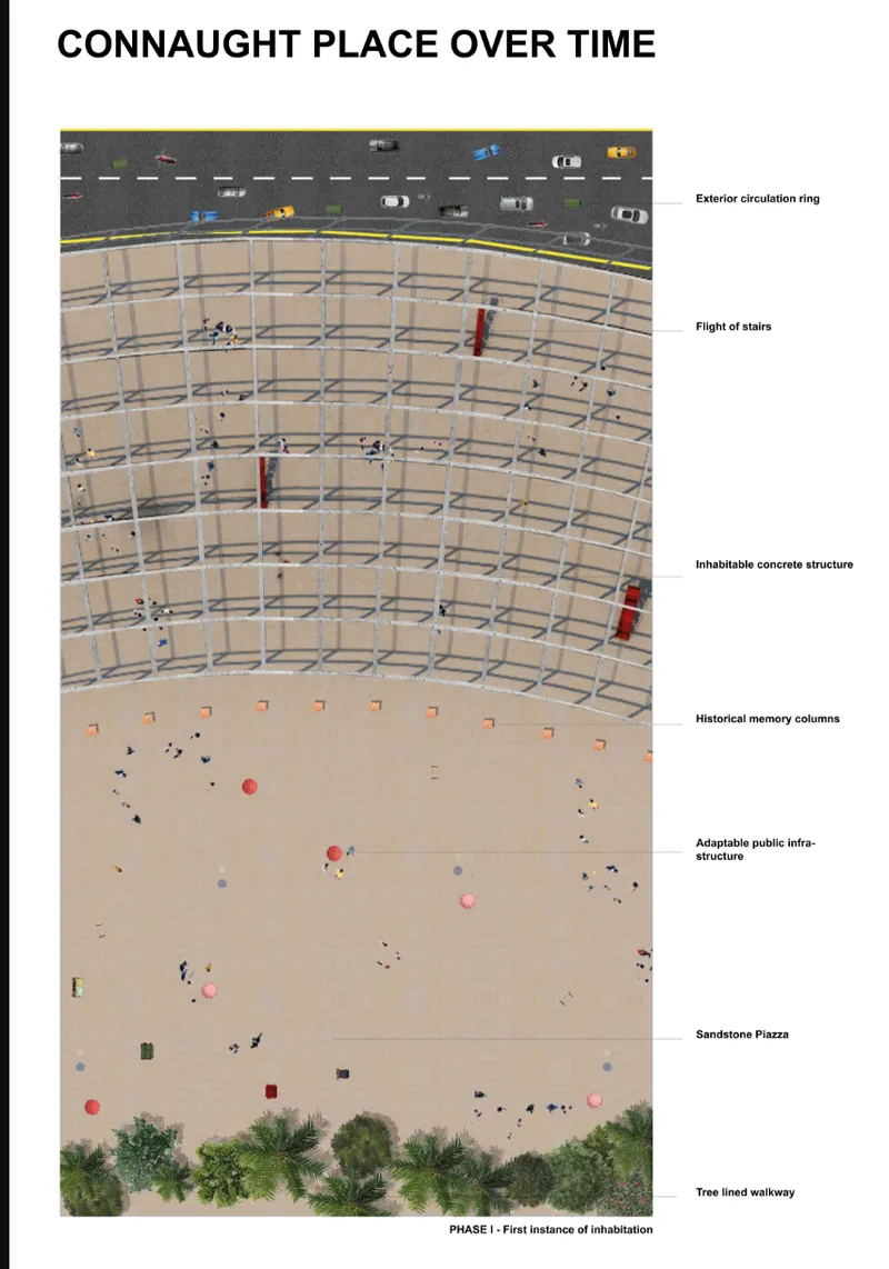 Aerial plan view showing the curving concrete structure meeting a plaza with people and tree-lined walkway