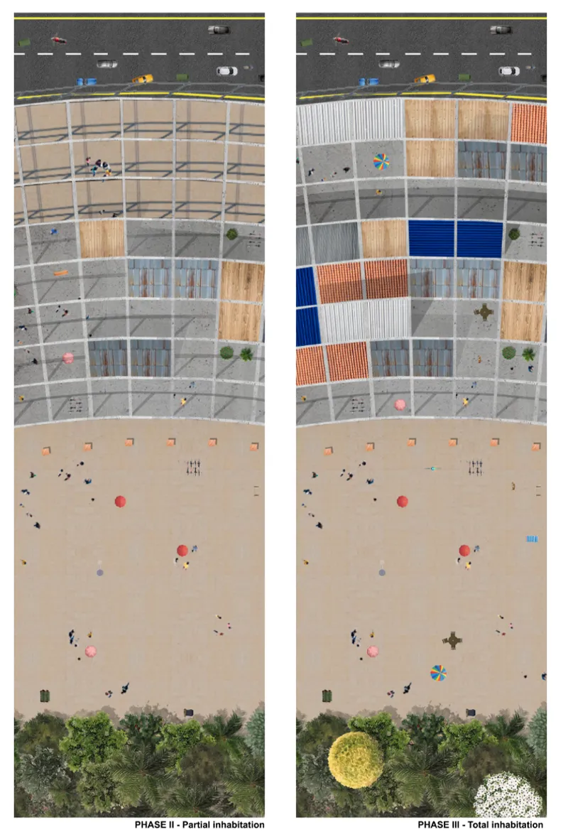 Sequential aerial diagrams depicting phased infill of the curved structure with varied material panels and inhabitation