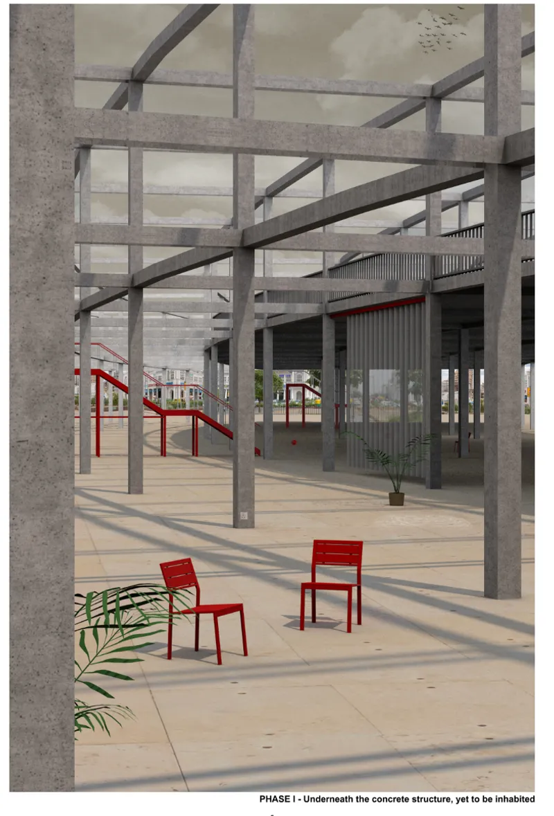 Exposed concrete columns and diagonal bracing beneath the structure with red metal stairs and planted greenery