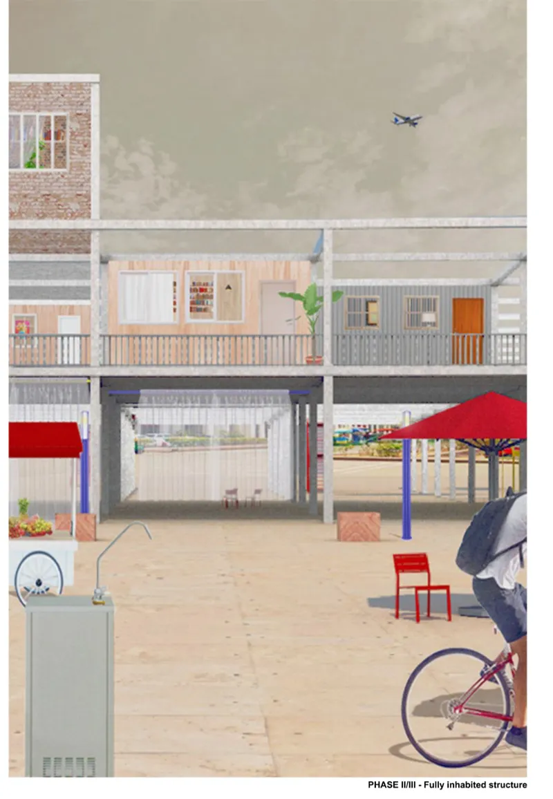 Section perspective showing residential units with varied cladding materials above an open ground level plaza
