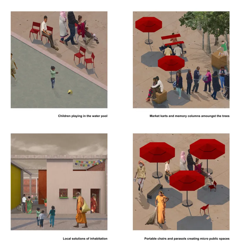 Four rendered vignettes of people gathering under red umbrellas and moving through shaded communal spaces