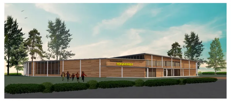 Rendered elevation showing the horizontal timber-clad facade with white columns and figures walking along the lawn