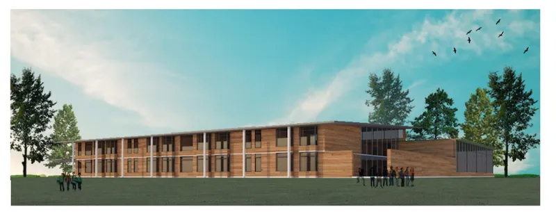 Rendered longitudinal elevation showing the repetitive vertical timber louvers and gathered figures on the grass