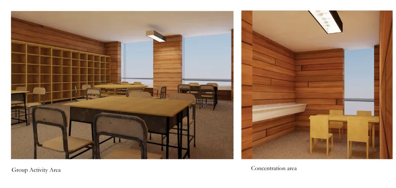 Interior rendering pair showing a timber-lined group activity area and a concentration alcove with skylight above
