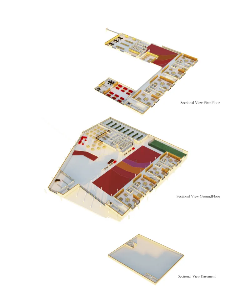 Exploded axonometric drawing showing three levels of interior organization with colored zones and room layouts