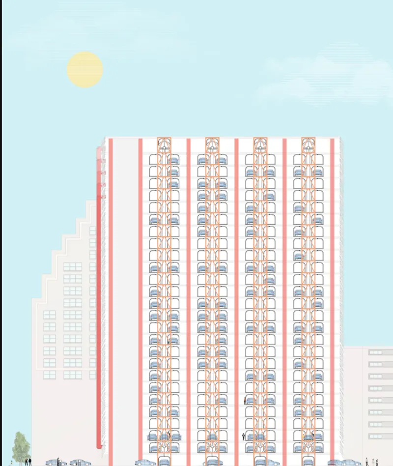 Elevation drawing of a residential tower with four vertical banks of stacked cars and red structural fins