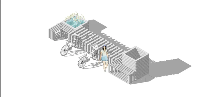 Isometric drawing of a bike parking structure with slatted walls, bicycles and a person with planted roof