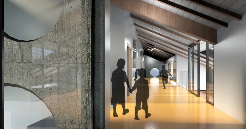 Interior corridor with textured concrete wall, exposed timber beams, and silhouetted figures walking
