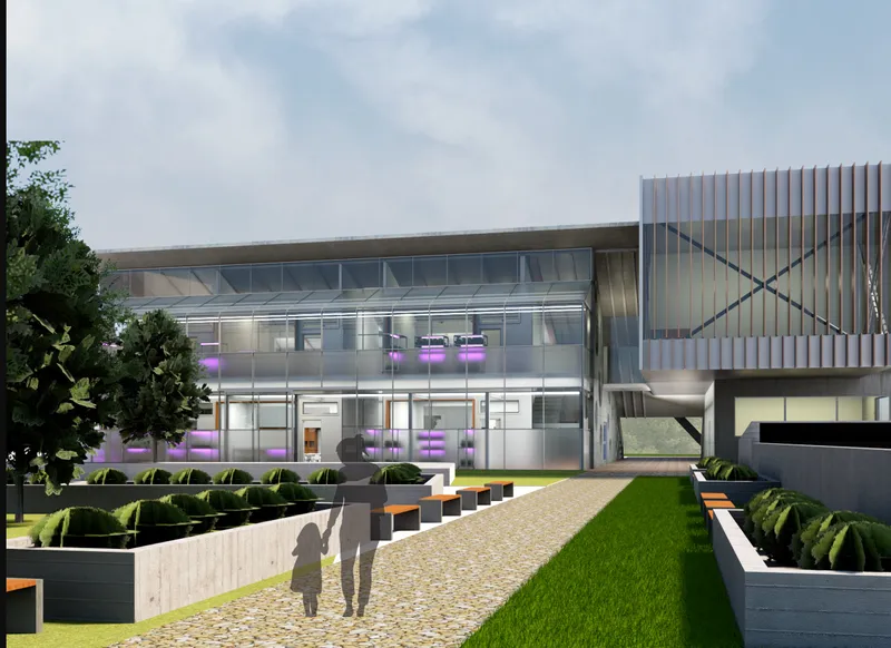 Rendered courtyard view showing glass facade with planters, vertical metal screens, and landscaped pathway