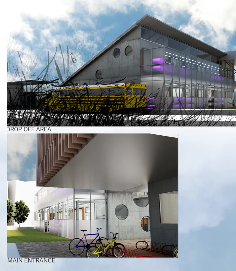 Rendered elevation showing cantilevered drop-off canopy and covered entrance with parked bicycles below