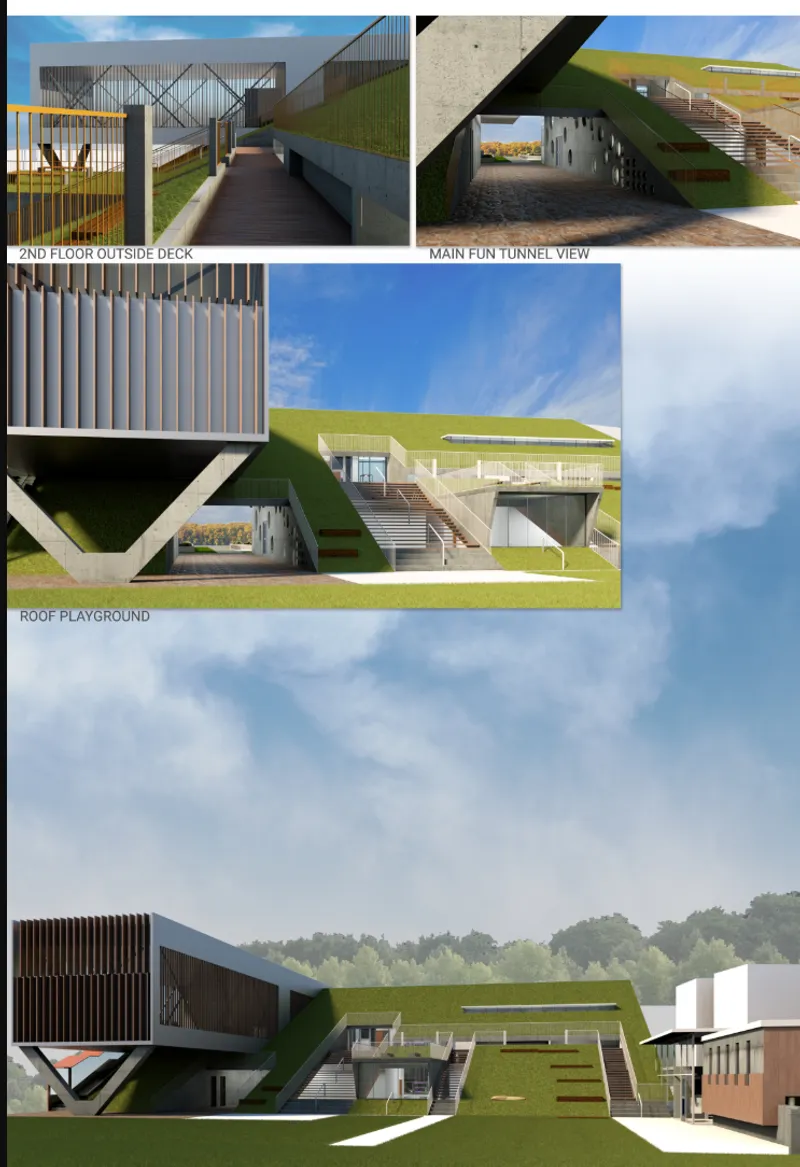 Composite rendering showing exterior deck, tunnel view, green roof playground, and grass-covered stepped volumes