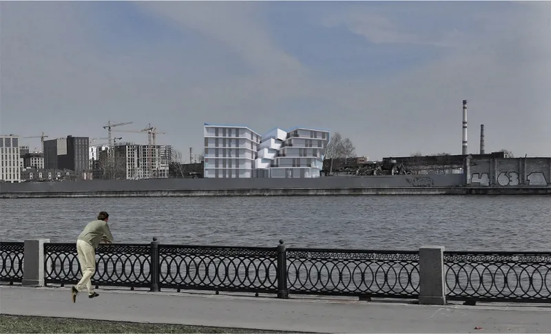 Riverfront view of the stacked building volumes with a jogger on the ornamental railing promenade
