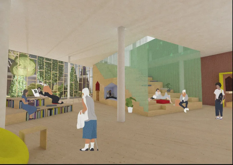 Interior rendering of the open hall with translucent green stair enclosure and people seated below