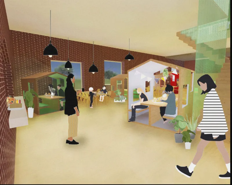 Interior rendering of the open activity room with red brick wall and children around playhouse structures