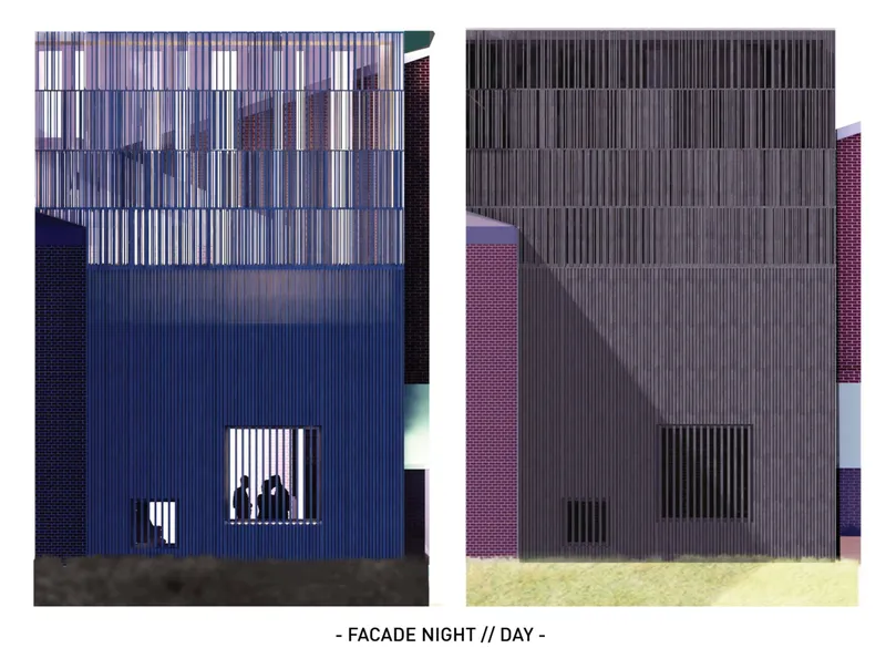 Comparative rendering showing the corrugated metal facade with vertical louvers at night and day