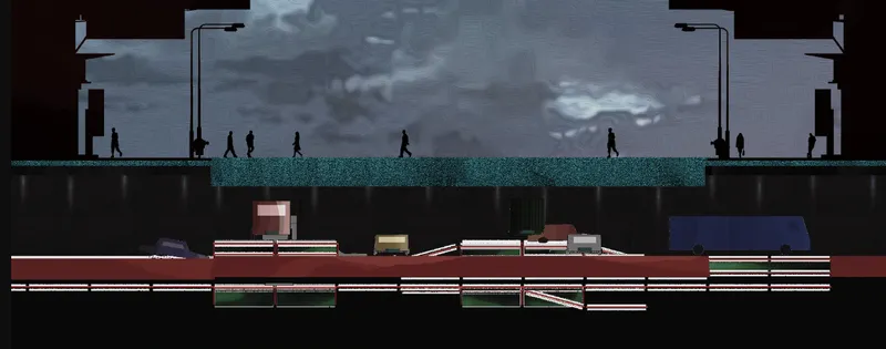 Section drawing showing the elevated pedestrian bridge over underground transit levels with walking figures