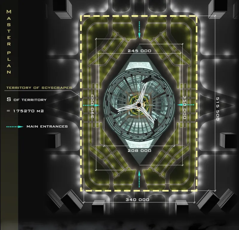 Master plan drawing showing a circular tower surrounded by green spaces and geometric pathways with labeled dimensions