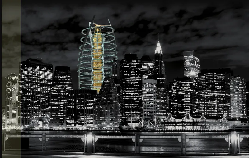 Rendering of a spiraling glass tower rising above a dark skyline at night