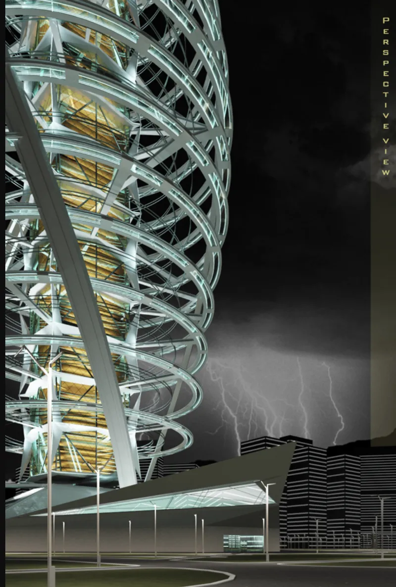 Close-up of the helical steel structure wrapping the illuminated core during a lightning storm