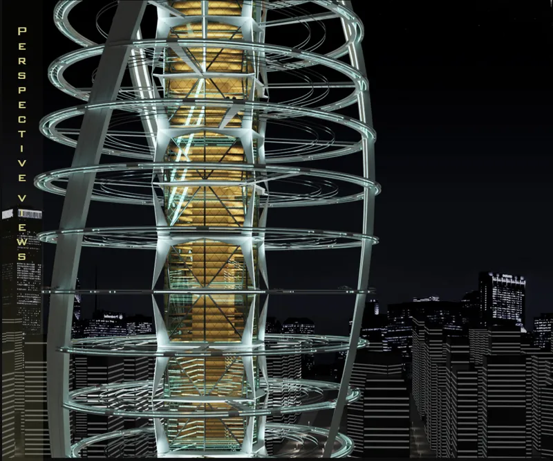 Perspective view of the circular ribbon facade enclosing the golden-lit central volume against the night sky