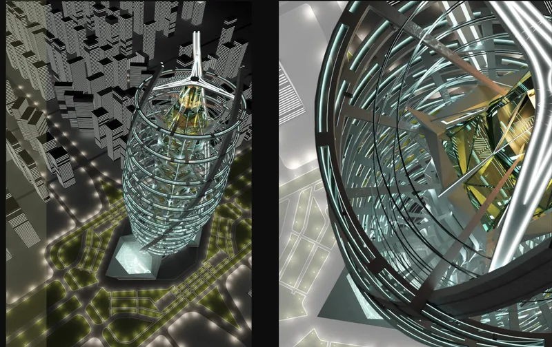 Aerial rendering and close-up view of the spiral exoskeleton with landscaped plaza and internal structural core