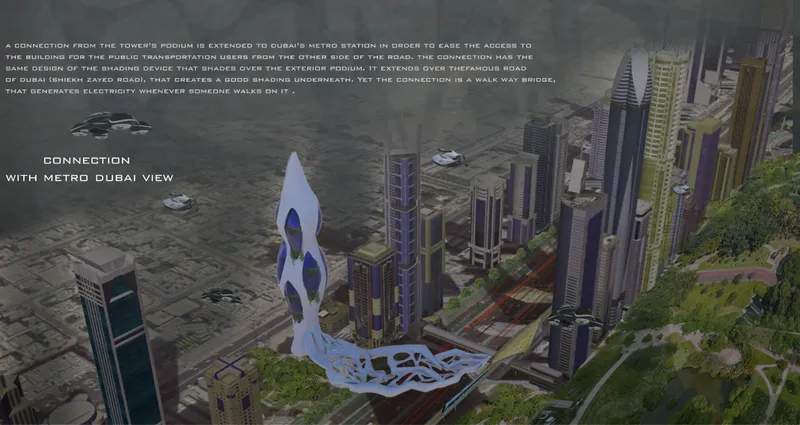 Aerial view of a white perforated bridge structure connecting towers in a dense urban skyline