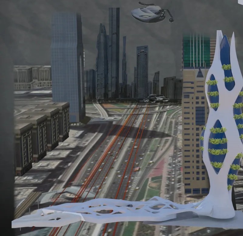 Physical model showing a white lattice structure and planted tower adjacent to a cityscape with transit rails