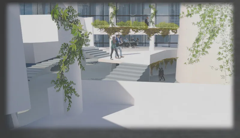 Rendering of a sunlit courtyard with stepped planters, cascading greenery, and figures on multiple levels
