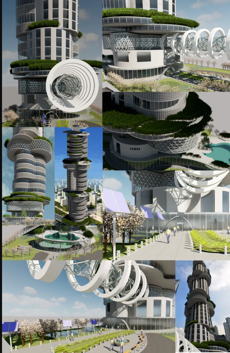 Composite rendering showing multiple views of stacked disc towers with planted terraces under blue sky