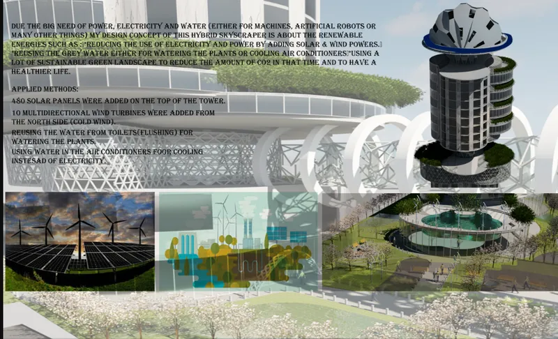 Presentation board showing sustainability diagrams with solar panels and wind turbines alongside tower renderings