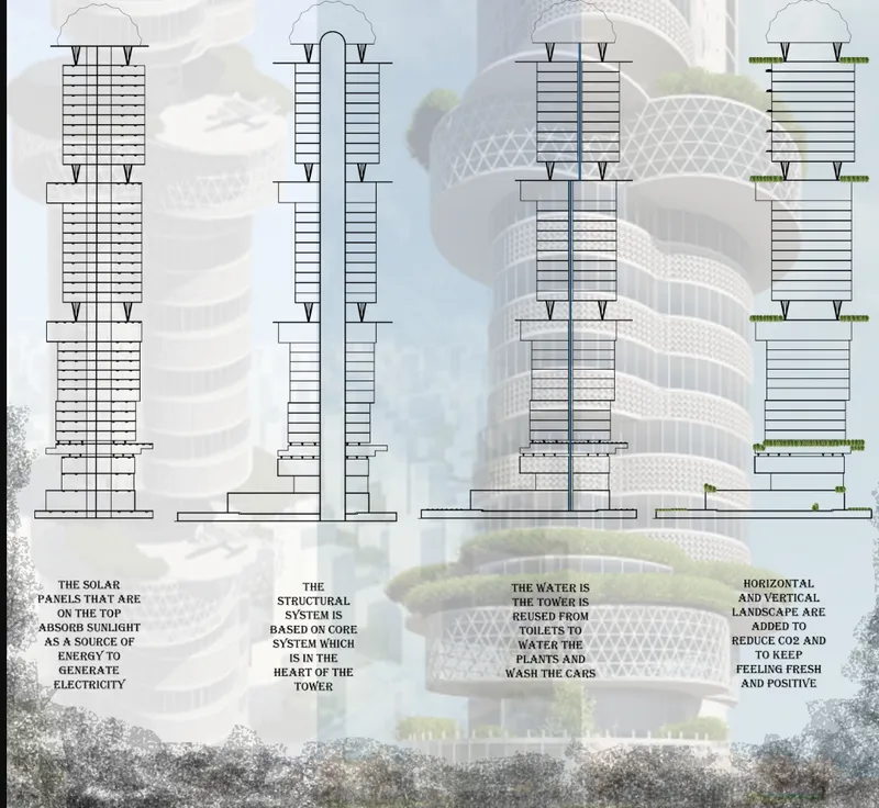 Section drawing sequence illustrating the vertical core and floor plates with annotated sustainability features